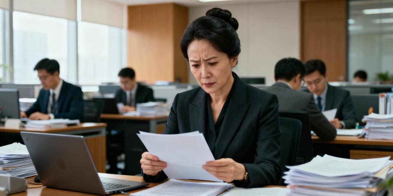 繁忙的办公室背景，正面镜头，40岁左右亚裔职场女经营着正装，正在翻阅文件，图片尺寸2000*1000预览效果