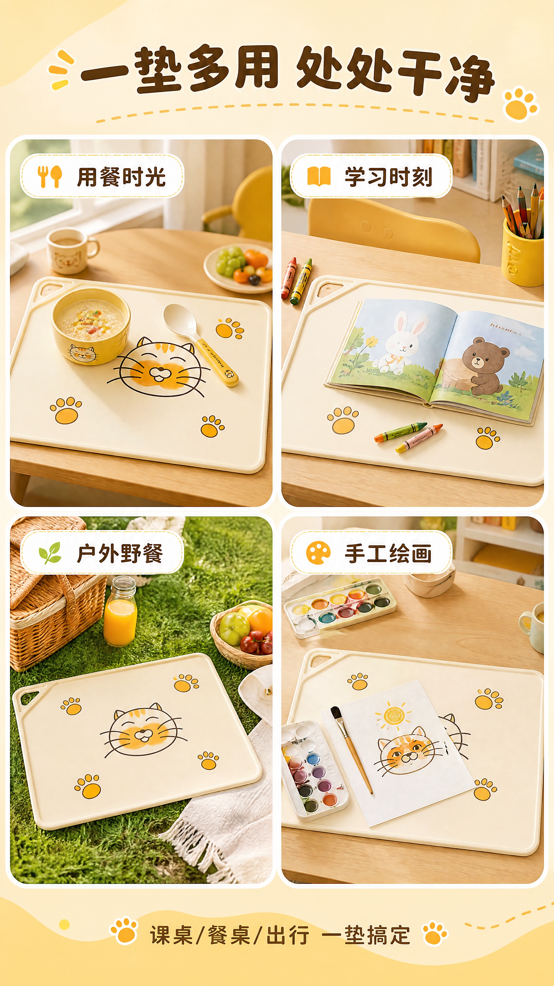 [商品] 使用【图1】幸运猫儿童硅胶餐垫；保留米白色基底、橘色… - 图片创意预览