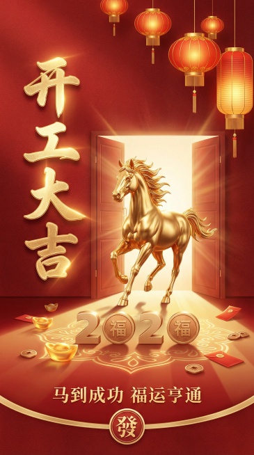 竖版国风喜庆节日海报，高端国风写实3D风，正红色肌理质感背景，搭配悬挂的发光中式灯笼。画面左侧为竖向排列的鎏金质感“开工大吉”书法大字，画面中心是从开启的双门中奔腾而出的鎏金骏马，门内透出暖调光束，红预览效果