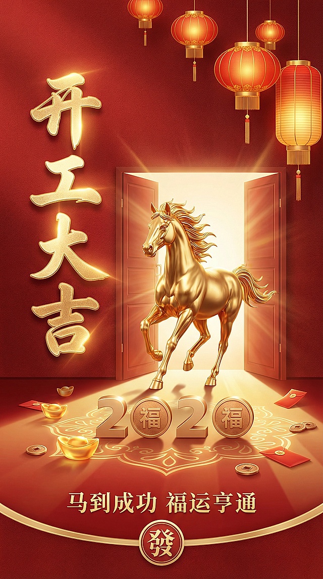 中式喜庆风，3D重拟物设计，鎏金浮雕马奔腾而出，光影辉映，红金配色彰显节日氛围，寓意马到成功、福运亨通。
