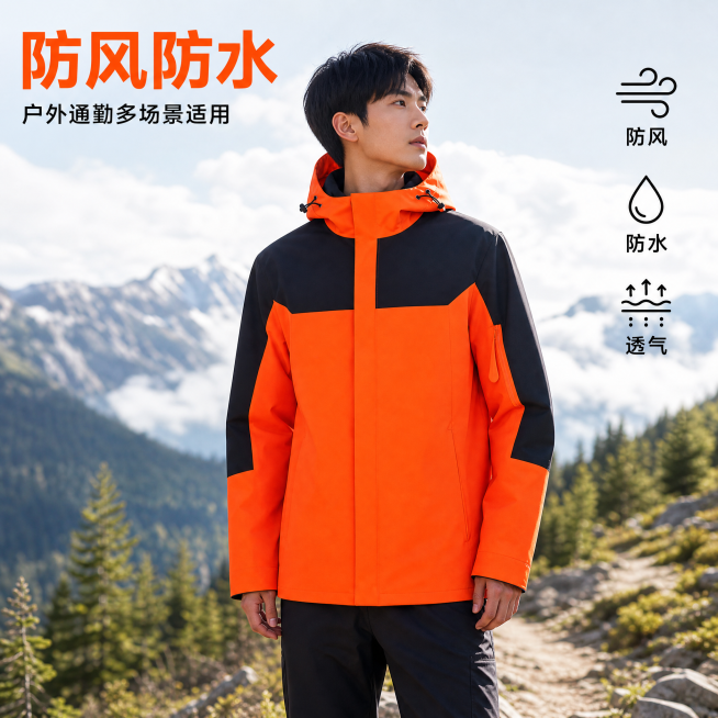 [主图-1] 核心卖点首图，户外山间场景橘黑拼色冲锋衣上身展示。保持产品外观（物理结构、材质质感、颜色）与输入产品图绝对一致，杜绝任何变形和色差，精细化处理。[氛围风格] 户外休闲风，山野自然氛围感。预览效果