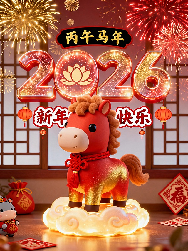 软3D风卡通马年贺图，融合国潮元素与鎏金粒子特效，喜庆红金配色搭配烟花与云纹底座，萌趣可爱，传递2026丙午马年新春祝福。