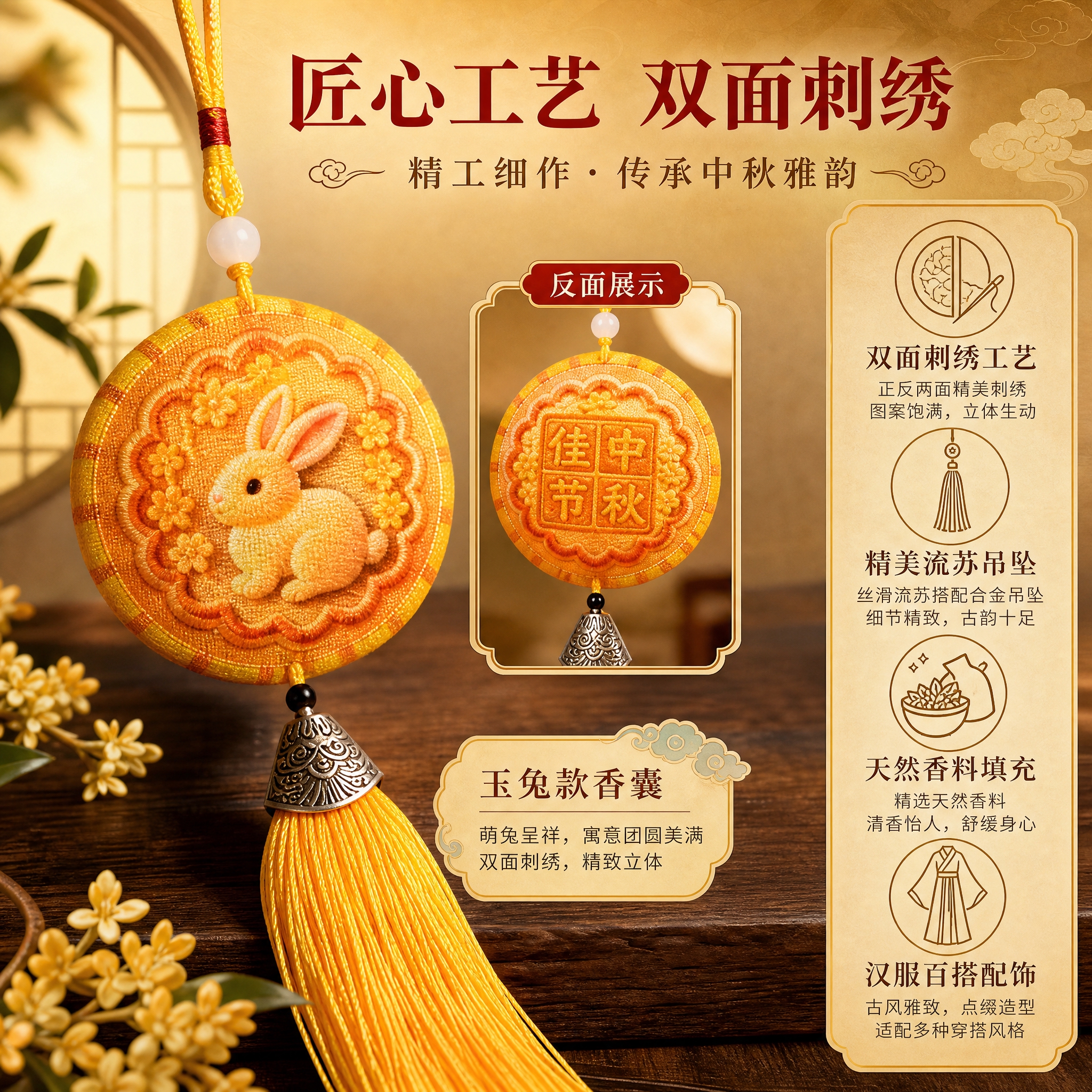 [主图-2] 香囊材质细节与卖点展示图，突出双面刺绣工艺与精致… - 图片创意预览