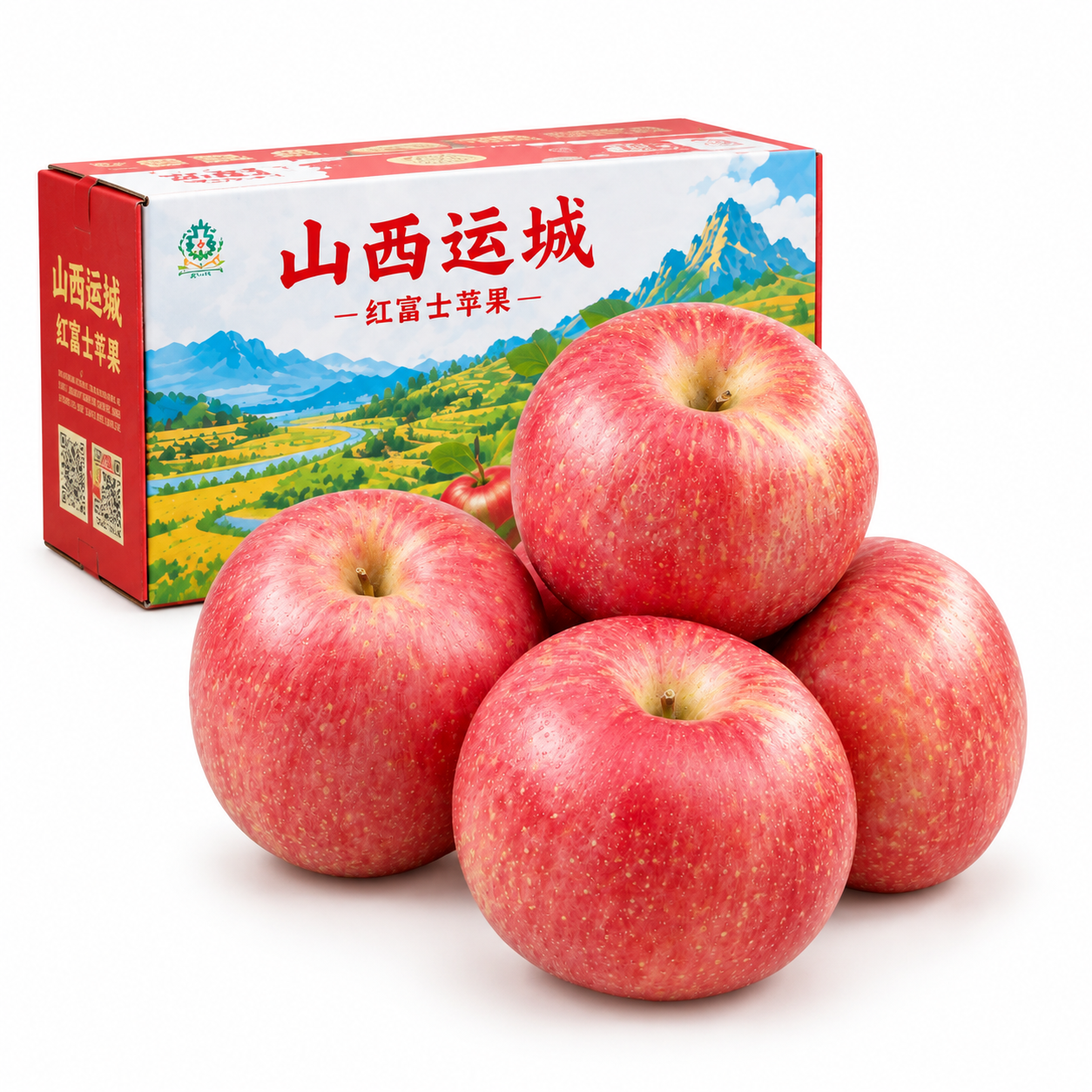 产品精修，只保留苹果和山西运城红富士苹果纸箱，去除背景中的山景… - 图片创意预览