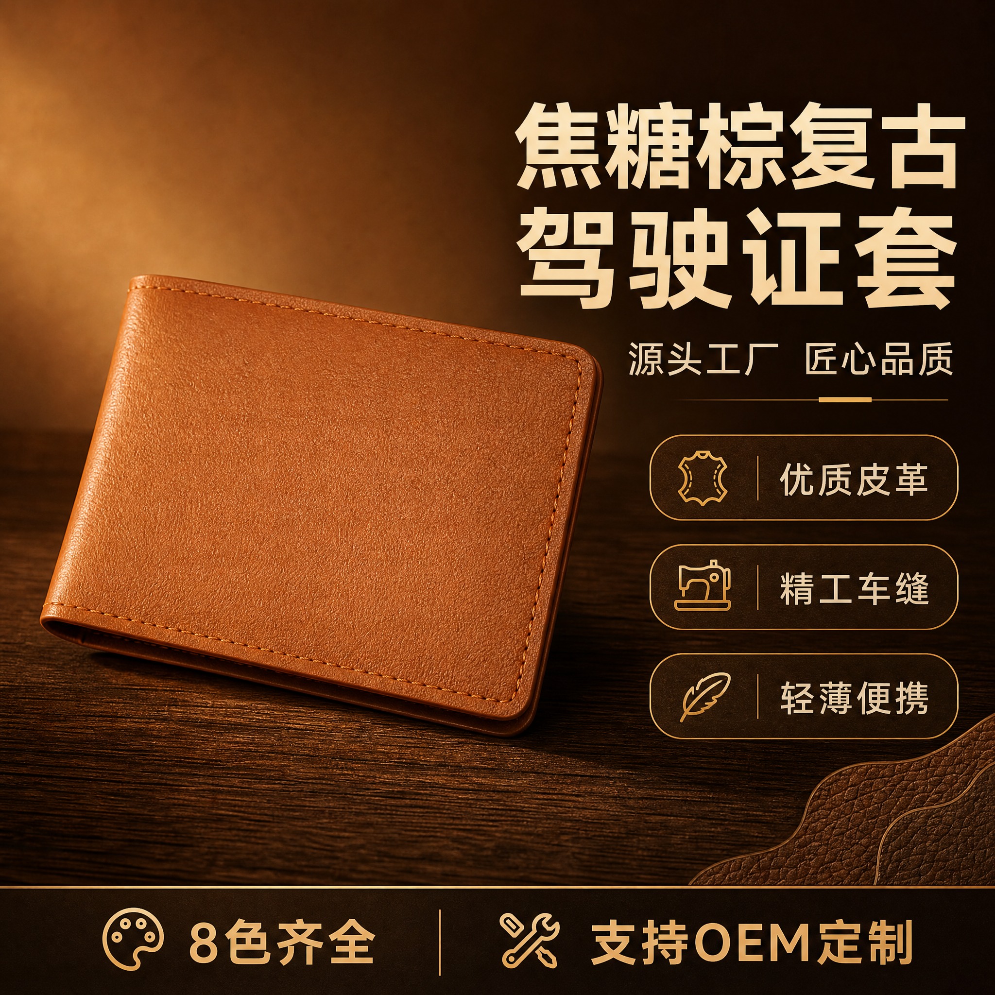 [主图-8] 焦糖棕皮革驾驶证卡包主图，突出棕色款复古质感与皮… - 图片创意预览