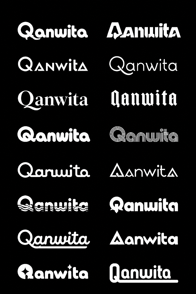 参考示例图片风格，设计多组不同艺术化字体变形的文字“Qanwita”，黑色背景，白色文字，简约标志化设计