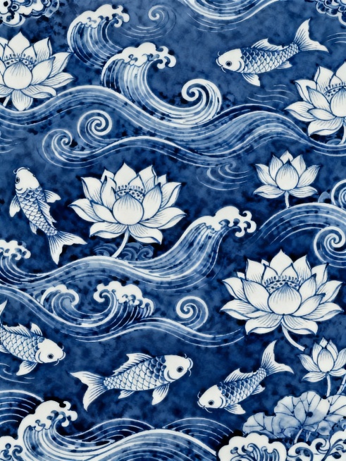深蓝色背景上，以流畅细腻的白色线条勾勒出连续纹样，包含波浪状水纹、卷曲漩涡、盛开的莲花及游动的锦鲤，线条简洁优雅，整体呈现传统中式青花瓷般的素雅风格，水纹作为主要背景元素贯穿整个画面，与莲花、锦鲤图案自然融合，形成和谐统一的连续装饰图案。预览效果