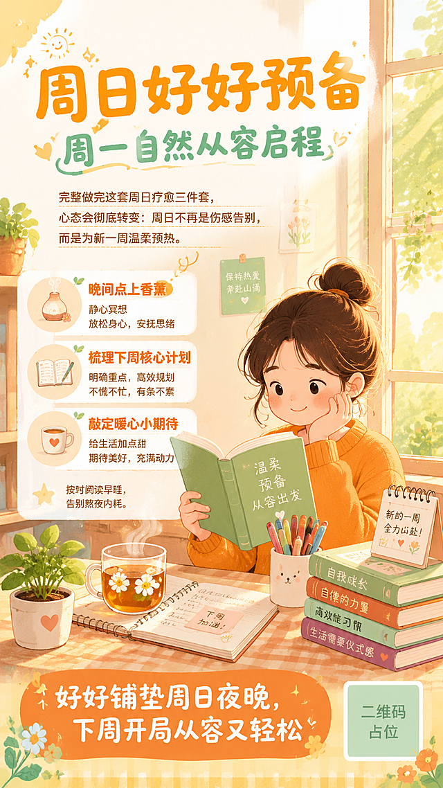 9:16竖版治愈手绘卡通海报，亮橙色阳光窗边书桌插画，画面丰富多彩有氛围感。书桌上：冒着热气的热茶、堆叠的书籍、插满笔的笔筒、小盆栽，窗外金色自然光洒进来，灰尘颗粒在光中漂浮。圆润软萌卡通女生坐在书桌前微笑看书，表情从容温暖。上半部分主标题："周日好好预备"，副标题："周一自然从容启程"。中间正文段落："完整做完这套周日疗愈三件套，心态会彻底转变：周日不再是伤感告别，而是为新一周温柔预热。晚间点上香薰静心冥想、梳理下周核心计划、敲定暖心小期待，按时阅读早睡，告别熬夜内耗。"底部加粗引用文案区块（亮橙色底白字）："好好铺垫周日夜晚，下周开局从容又轻松"。白橙底色过渡自然，线条干净柔和治愈，温柔职场治愈风，主配色：纯白+亮橙色+浅薄荷绿+淡橘黄，字迹清晰，高清竖版，版式精美。画面中所有信息区域必须填充完整合理的内容，不得出现空白框、空白占位。画面中所有二维码区域使用纯色方块占位符呈现，方块中央标注"二维码占位"文字，严禁生成任何可识别的二维码图案。