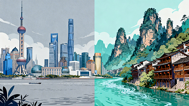 画面融合上海与湖南湘西两地特色景观，左侧呈现上海的现代都市风貌，包括东方明珠、陆家嘴摩天建筑群、黄浦江岸线，右侧展现湘西的自然人文风光，包含吊脚楼、武陵源山峰、沱江流水，两种景观自然过渡衔接，整体画面和谐富有氛围感，适合作为背景图使用