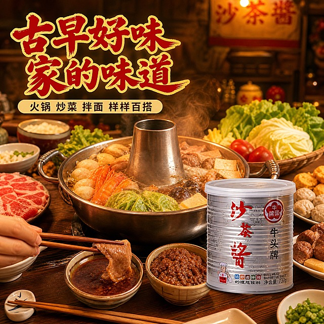 [主图-4] 场景与体验，台湾古早味餐桌场景，展示沙茶酱在家庭聚餐/火锅中的使用氛围。
[统一基调] 整体家常烟火气+古早台湾味风格，背景以暖木色、红棕色、金黄色为主，标题字色为大红色配金黄色粗描边（醒目有食欲），辅助文案用深褐色，强调色为金黄色，主标题用粗笔刷书法大字（古早味），辅助文字用清爽黑体，整体温暖有烟火气，传递台湾经典沙茶酱的香浓美味与量大批发的划算感。
[画面] 温馨的家庭餐桌/台湾古早味火锅店场景，木质圆桌上，沙茶酱罐放在画面右侧，占比约25%。中间是一大锅冒着热气的沙茶火锅，周围摆满各种食材：牛肉片、海鲜、蔬菜、丸子、豆腐等，丰富诱人。旁边有几碗蘸料、米饭、碗筷，营造多人聚餐的热闹氛围。背景是虚化的暖黄色灯光和古早味装饰，整体温暖有烟火气。画面一角有手正在用沙茶酱蘸牛肉的局部动作，增加真实感。
[光影质感] 暖黄色灯光从上方照入，食物油亮有光泽，热气腾腾有氛围感，桌面有暖光光斑，整体温馨有生活感，商业摄影级高清质感。
[配色] 整体暖木色+红棕+金黄，食物油亮红棕色，产品银色金属罐，文字大红色。
[文字版式] 画面左上角大标题"古早好味 家的味道"，下方小字"火锅 炒菜 拌面 样样百搭"。文字放在左上负空间，不遮挡产品和食物主体。
[输出要求] 1:1正方形，2048px，场景真实自然，烟火气氛围到位。禁止错字、模糊、水印、平台Logo。