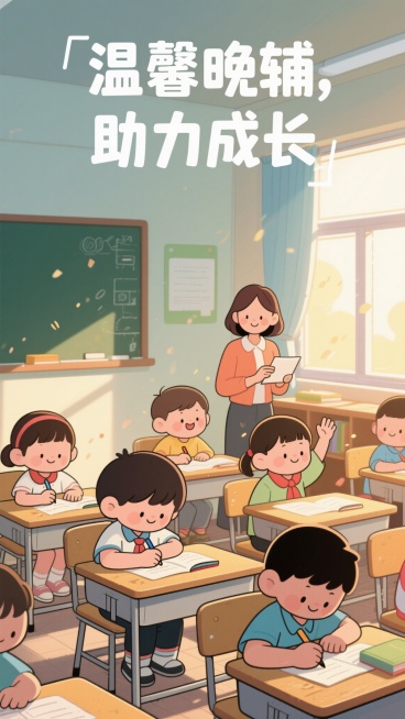 温馨的教室场景，孩子们围坐在书桌前认真学习，有的低头写字，有的举手提问，脸上带着专注的微笑，老师温柔地站在一旁指导，阳光透过窗户洒在课桌上，空气中漂浮着细小的尘埃，整体氛围温暖积极，充满正能量，画面上预览效果