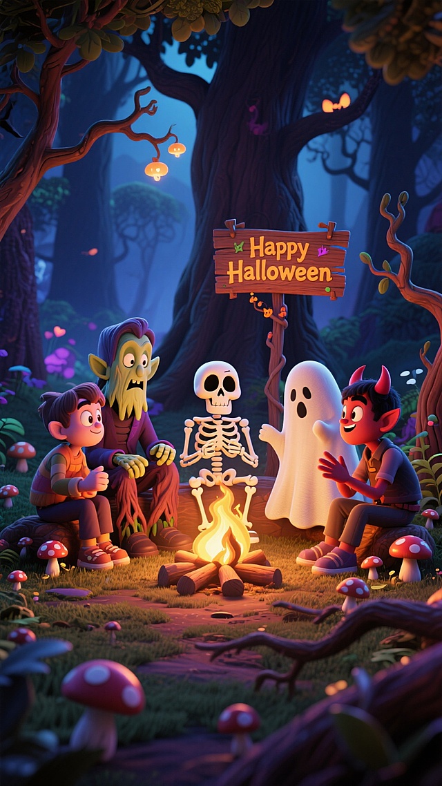 梦幻感与温馨感交织的3D卡通森林夜景，拟人化角色围坐篝火共庆万圣节，虚拟自然元素点缀其间，充满趣味与动漫风魅力。