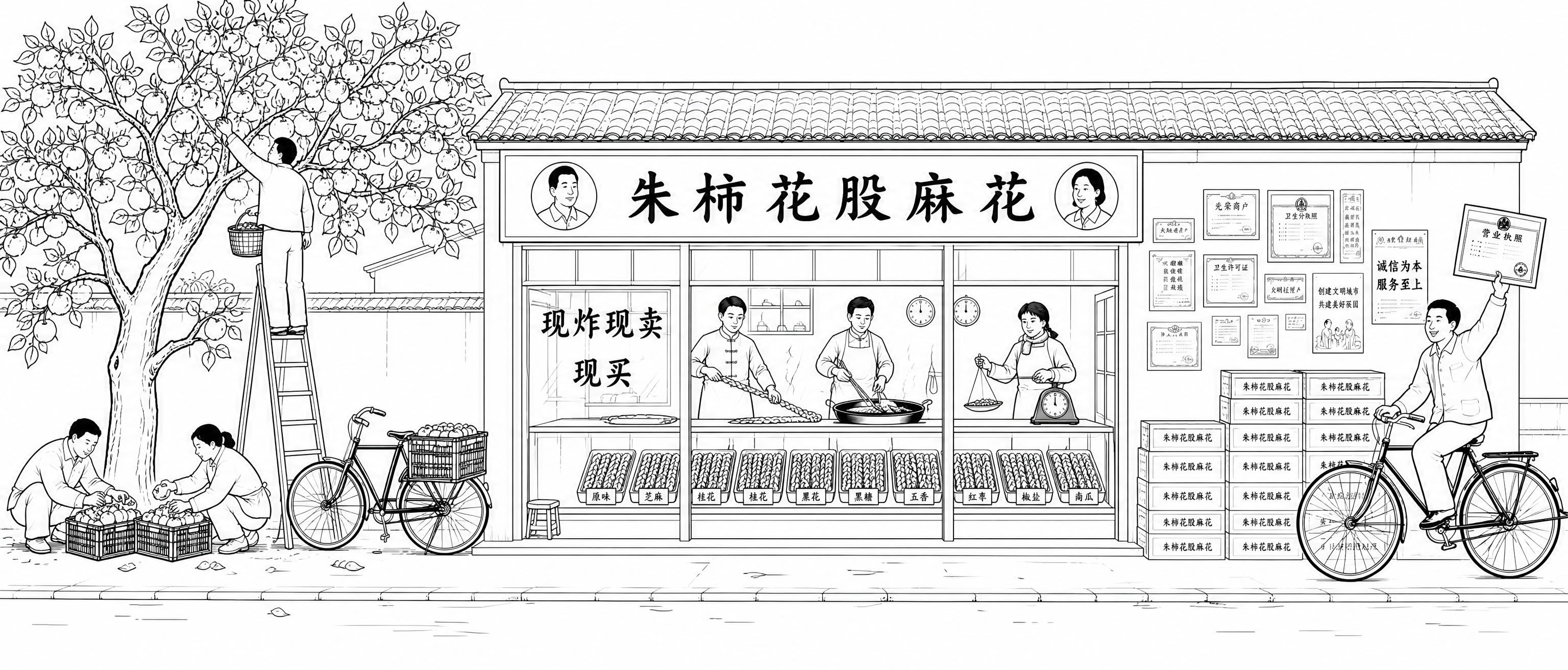 基于图1扁平简约黑白线描宽幅图修改：1. 左侧柿子树再放大一些… - 图片创意预览
