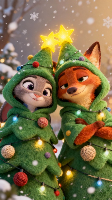 毛绒绒的疯狂动物城角色朱迪和尼克，穿着可爱绿色圣诞树造型衣服，歪头萌萌的，看向镜头，毛流感，圣诞树头顶有黄色的星星发光，还有小小的毛线球状彩灯，下雪的氛围感，暖暖的光预览效果