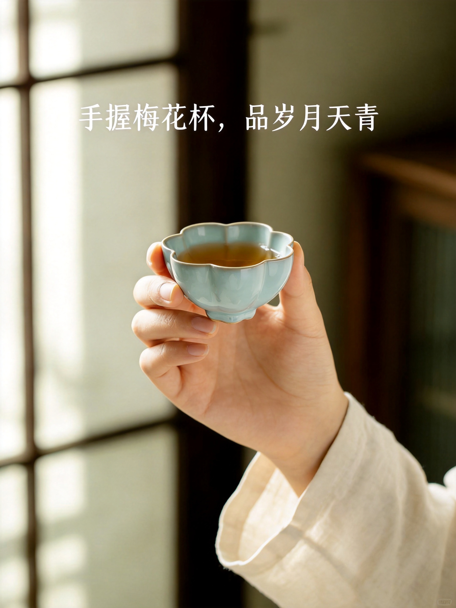 汝窑天青釉梅花杯手持品茗模特图，750x1000px竖版3:4… - 图片创意预览