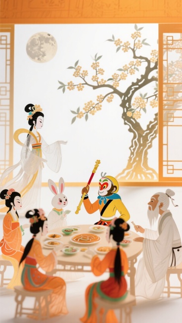 顶部1/2留白。中秋节神仙聚会（有嫦娥、月兔、孙悟空、七仙女、太白金星等）聚在一起在室内吃饭的场景，窗外巨大的桂花树和，整体清新，橙白撞色，白色背景，明亮的氛围预览效果