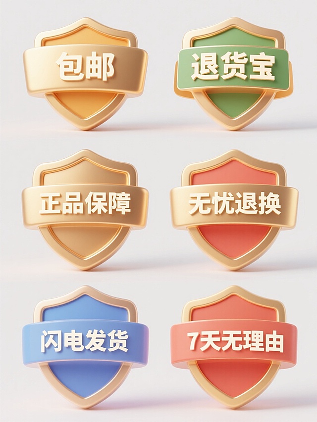 6个规整排布的促销标签素材，每个标签为单一纯色背景且颜色不同，标签文案分别包含“包邮”“退货宝”“正品保障”“无忧退换”“闪电发货”“7天无理由”基本元素内容，整体采用类似金色徽章的3D立体风格，具有金属质感的边框和高光阴影效果，文字为清晰的无衬线字体，居中排布，每个标签独立成圆形或盾形，保持统一的设计语言和视觉层级，背景透明，突出标签本身的信息传达效率。