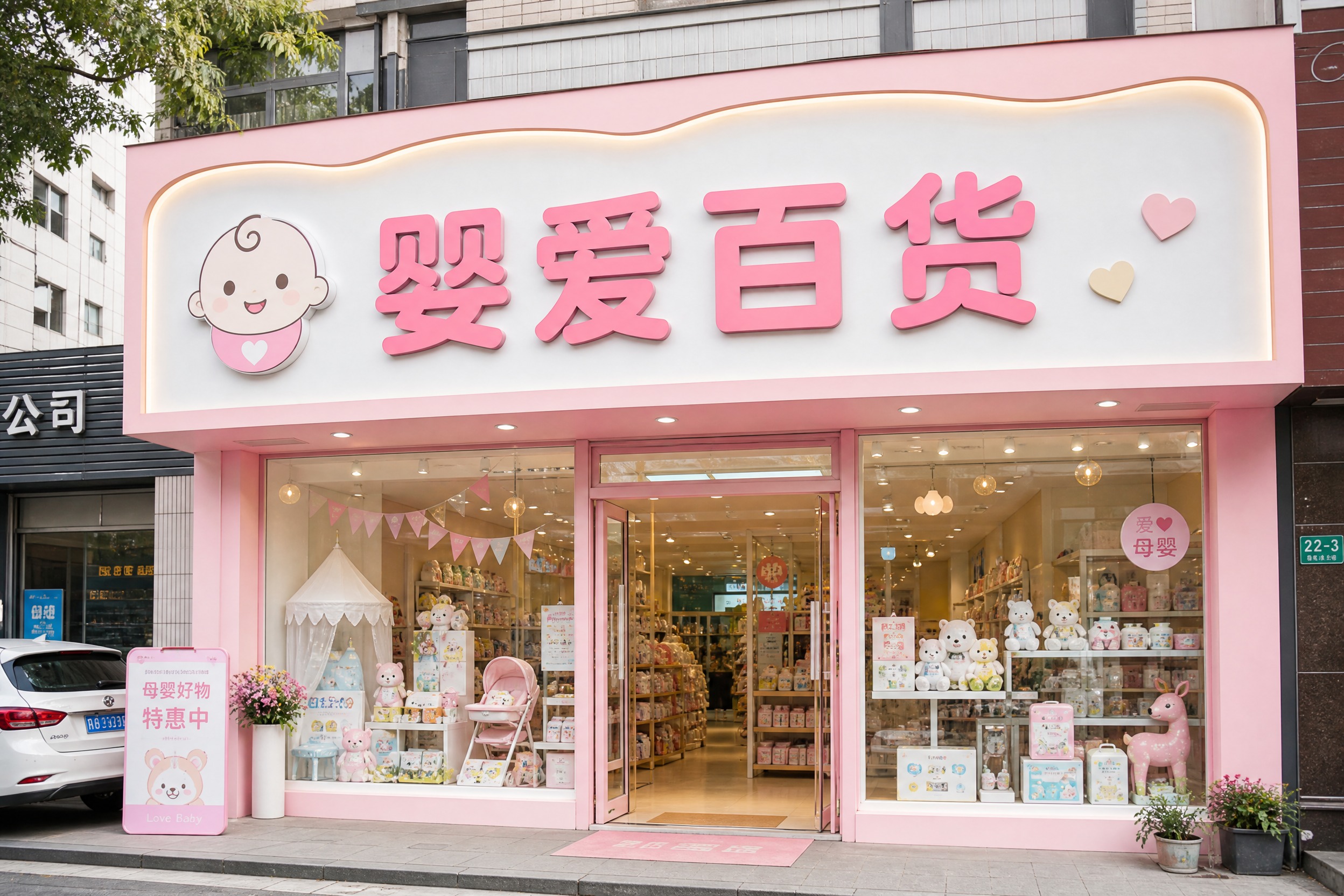 一张实体门店的门头照片，门头招牌上清晰写着"婴爱百货"四个大字… - 图片创意预览