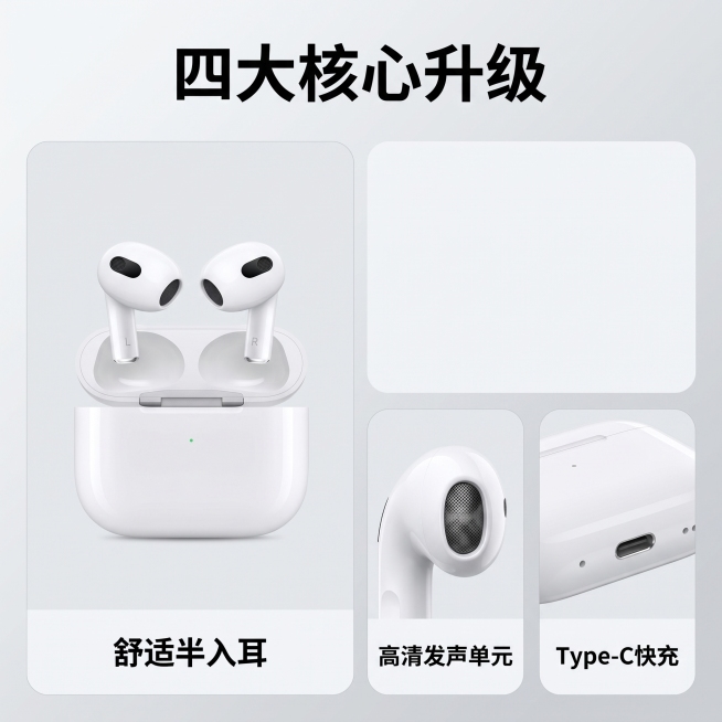 [主图-3] 无线蓝牙耳机核心卖点多视角展示主图，Bento栅格风格。[氛围风格] 简约科技风。[画质] 商业摄影质感，画面清晰真实，细节丰富。[元素] 页面分为三个卡片区域：左上大卡片展示开盖产品整预览效果