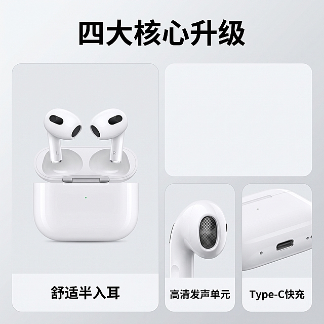 [主图-3] 无线蓝牙耳机核心卖点多视角展示主图，Bento栅格风格。[氛围风格] 简约科技风。[画质] 商业摄影质感，画面清晰真实，细节丰富。[元素] 页面分为三个卡片区域：左上大卡片展示开盖产品整体，保持产品外观颜色材质与原图一致；右下两个小卡片，分别展示耳机出声孔细节和充电盒底部细节。卡片之间留均匀间距，整体背景为浅灰色渐变，干净通透。三个区域的产品都保持真实结构和颜色，精细化处理细节。[光影] 每个卡片都用均匀柔和布光，产品细节清晰可见，高光自然，没有过曝和死黑。[配色] 浅灰背景搭配白色产品，黑色文字，整体干净高级。[文字版式] 每个卡片下方对应标注卖点：大卡片标注「舒适半入耳」，小卡片分别标注「高清发声单元」「Type-C快充」，文字黑色清晰，标注在卡片底部居中。顶部通栏大字文案写「四大核心升级」黑色粗体。[比例分辨率] 1:1 比例，2k 分辨率；文字清晰锐利，超高清。[负向提示词] 变形，水印，文字错乱，产品图模糊，背景杂乱