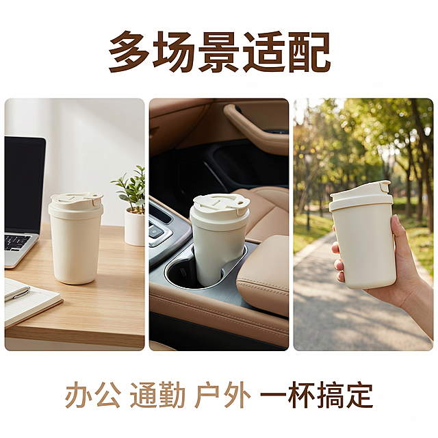 [主图-3] 米白色保温杯多场景适配展示。保持米白色保温杯外观（物理结构、材质质感、颜色）与输入产品图绝对一致，杜绝任何变形和色差，精细化处理。[氛围风格] 生活化场景拼贴，自然真实的日常氛围。[画质] 商业摄影质感，光线柔和统一，产品清晰真实，画面干净高级。[元素] 采用宫格构图分为三个小场景，每个场景展示保温杯在不同场合的使用：第一格办公桌面、第二格车载杯架、第三格户外手拿，三张场景图大小一致排列整齐，都突出展示保温杯主体，整体外框干净无多余装饰。[光影] 每个场景的光影都自然柔和，整体统一方向光源，风格一致，没有明显光影冲突。[配色] 每个场景配色保持清新自然，整体统一简约干净调性，背景浅淡不抢主体。[文字版式] 顶部通栏大标题“多场景适配”深棕色粗体，底部小字标注“办公 通勤 户外 一杯搞定”浅棕色，文字都放置在留白区域不遮挡场景展示，字色与背景对比清晰。商品主体占比合理，整体 1:1 比例，画面满铺。[比例分辨率] 1:1 比例，2K 分辨率，文字清晰锐利，超高清。[负向提示词] 变形，水印，文字错乱，产品图模糊，背景杂乱，光影不一致，场景冲突。