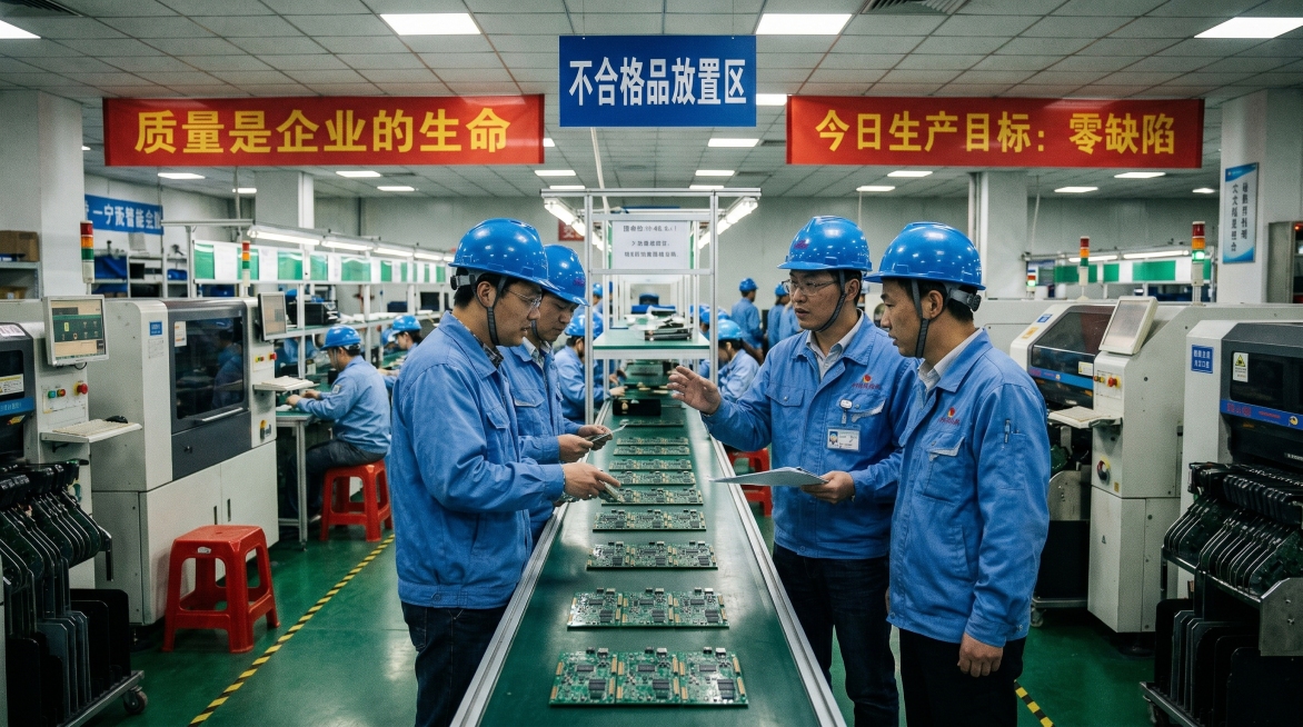 中国工厂生产现场，中国工厂管理人员正在检查线上产出的缺陷产品，写实工业摄影风格，所有标识文字为中文预览效果