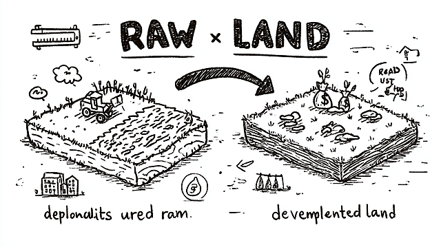 black and white vector illustration, simple hand-drawn style, two rectangular plots of land side-by-side, left plot has weeds and rocks labeled "raw land", a curved arrow points from the left plot to the right plot, with a bulldozer icon and a measuring instrument icon above the arrow, right plot has simple icons for roads, water, electricity labeled "developed land", a growing money bag icon next to the right plot, minimalist