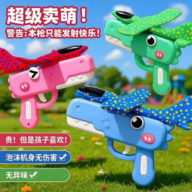 保留图中三个恐龙玩具飞机的构图和画面，将左下角原有的三行文字替换为：第一行红色背景框写“贵！但是孩子喜欢！”，第二行绿色背景框写“泡沫机身无伤害✅”，第三行绿色背景框写“无异味✅”，保持其余所有内容不预览效果