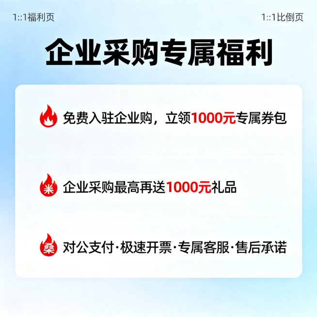 企业采购专属福利页，大标题'企业采购专属福利'，文字内容'🔥 免费入驻企业购，立领1000元专属券包\n🔥 企业采购最高再送1000元礼品\n🔥 对公支付·极速开票·专属客服·售后承诺'，突出福预览效果