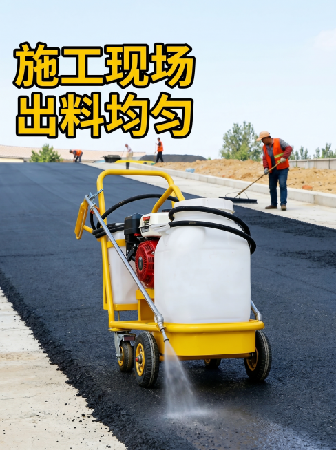 [主图 4] 手推式小型沥青洒布机工作场景实拍展示
[氛围风格] 真实施工场景，专业动态，突出实用性
[画质] 商业摄影质感，动态清晰，画面干净高级
[元素] 手推式小型沥青洒布机正在沥青路面作业，喷预览效果