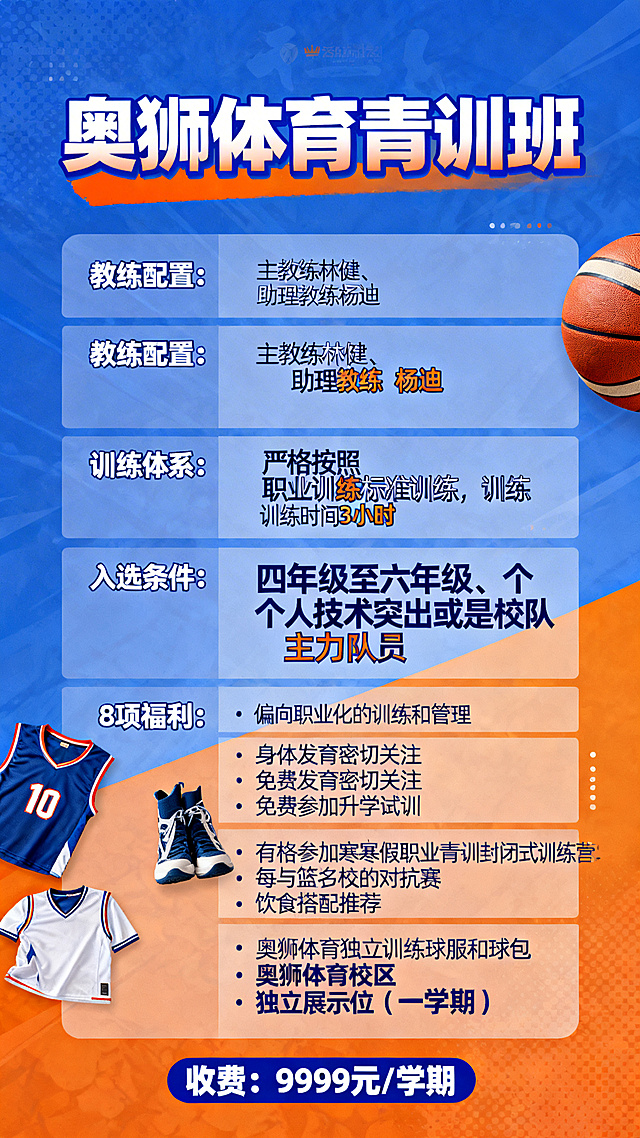 奥狮体育青训班宣传图，画面突出“奥狮体育青训班”标题，下方清晰列出教练配置：主教练林健、助理教练杨迪，训练体系为严格按照职业训练标准训练，训练时间3小时，入选条件为四年级至六年级、个人技术突出或是校队主力队员，加入青训班可获得的8项福利：偏向职业化的训练和管理、身体发育密切关注、免费参加升学试训、有资格参加寒暑假职业青训封闭式训练营、每学期至少5次与篮球名校的对抗赛、饮食搭配推荐、奥狮体育独立训练球服和球包、奥狮体育校区独立展示位（一学期），底部标注收费9999元一学期，整体风格专业活力，色彩以运动蓝橙为主