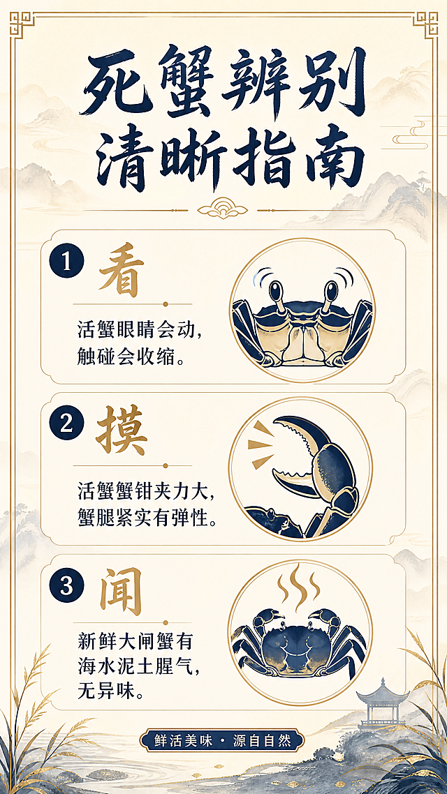 [第8屏] 死蟹辨别说明，文生图，浅米金国风背景，顶部标题「死蟹辨别 清晰指南」深蓝色书法字，分三点说明：1. 看：活蟹眼睛会动，触碰会收缩；2. 摸：活蟹蟹钳夹力大，蟹腿紧实有弹性；3. 闻：新鲜大闸蟹有海水泥土腥气，无异味。每个要点配简单图标，排版清晰，符合手机阅读，9:16竖版，4K。全程深蓝、金色两色字，保持风格统一。负向提示：文字错乱，排版混乱