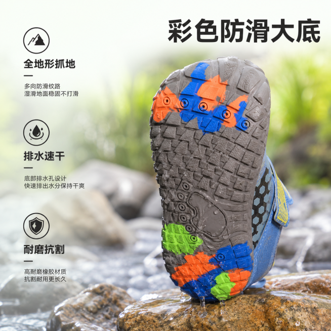 [主图 2] 儿童软底沙滩鞋鞋底结构展示图。
[氛围风格] 户外实景展示，专业清晰的功能展示风格；
[画质] 商业摄影质感、光线柔和通透、产品清晰真实、画面干净高级。
[元素] 彩色防滑鞋底朝前大面积预览效果