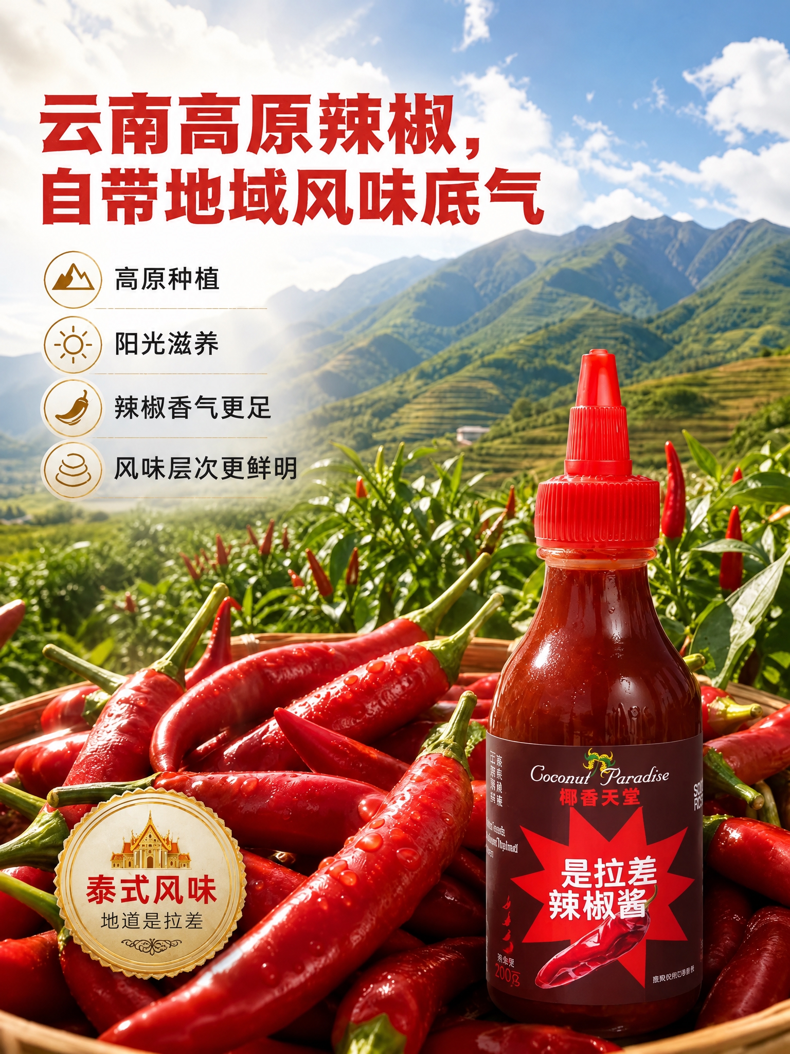 仅对这张电商详情图做局部修改，保持原有云南高原梯田、蓝天白云、… - 图片创意预览