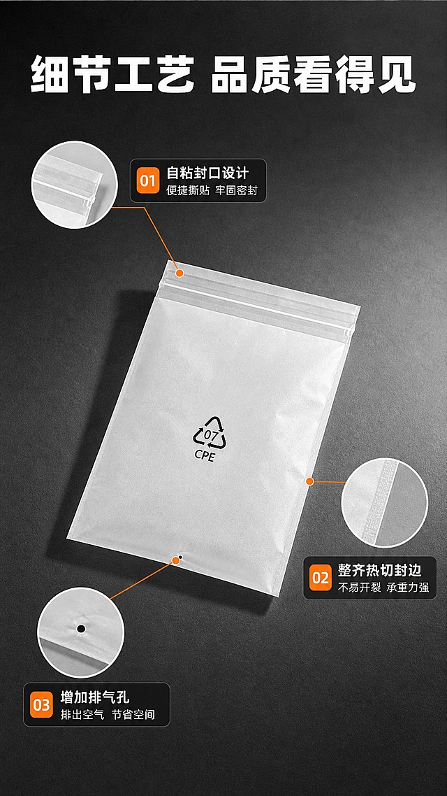 [商品] 使用【图1】CPE磨砂自粘袋；保留白色半透明磨砂质感、07 CPE可回收三角标识、自粘封口条结构、袋形比例和材质纹理；局部放大封口、封边、气孔等结构部位。
[画面] 第5张·结构工艺：引线标注型，产品斜放全貌居中，从不同部位用细线引出3个结构标注，分别指向自粘封口、整齐封边、排气孔，产品占画面50%。
[视觉] 套系策略：风格=工业风简约高级商业摄影；标题字=粗黑体；正文字=思源黑体；主色=深炭灰；背景延展=基于深炭灰做深浅层级、同色渐变和细腻水泥/纸张质感；强调色=活力橙，仅用于小面积图标、引线和标签；标题色=纯白；正文色=浅灰白；组件=圆角深色信息卡、细线引线、橙色编号标签；光影=左前侧硬柔光，产品边缘有轮廓光。
[文字] 顶部主标题"细节工艺 品质看得见"，3个引线标注分别为"自粘封口设计 便捷撕贴 牢固密封"、"整齐热切封边 不易开裂 承重力强"、"增加排气孔 排出空气 节省空间"，文字横排，引线端点用橙色圆点。
[规格] 图片比例9:16竖版，4K，避免变形、错字、文字过小、冷蓝背景、袋子颜色改变。