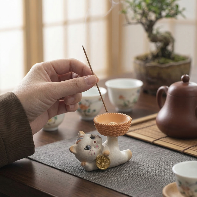 保留前景的猫咪线香插和人手，将背景更换为雅致禅意茶室背景，木质茶桌搭配淡淡的茶香氛围，自然柔和光线，保留产品细节预览效果