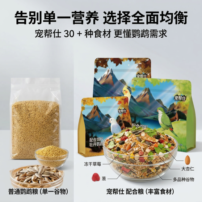 1:1竖版电商主图，严格还原宠帮仕鹦鹉专用配合粮产品包装细节，包装设计、颜色、LOGO、文字、图案元素、哑光质感均与参考图完全一致。画面采用左右对比布局，左侧为普通鹦鹉粮（单一谷物），右侧为宠帮仕配合预览效果