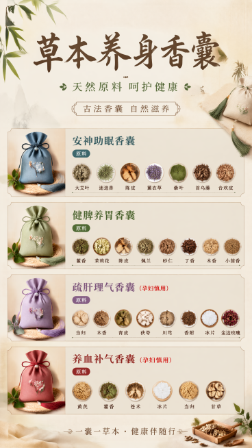 中式国风雅致自然风格的9:16竖版宣传海报，整体淡素雅色调，主题为草本养生香囊宣传。主标题是"草本养身香囊"，副标题是"天然原料 呵护健康"，装饰小字是"古法香囊 自然滋养"。画面分区清晰展示四款香囊预览效果