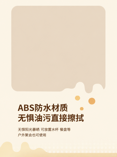 [第4屏] ABS防水材质说明屏，移动多功能推车材质卖点页。
[氛围/风格] 延续奶油暖棕简约风格，自然通透，温馨干净，排版清晰。
[元素布局] 使用参考图中栏下半部分结构作为版式参考，保留主标题「A预览效果