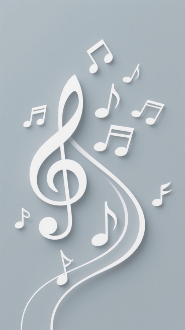 浅灰色纯色背景，干净简约风格，由白色平滑曲线和多个白色音符元素组成的优雅构图，包含高音谱号、八分音符、四分音符、升号等多种音乐符号，音符大小不一、错落有致地分布在曲线周围，整体呈现出轻盈流动的视觉效果，适合作为背景使用，无任何文字和标识。预览效果