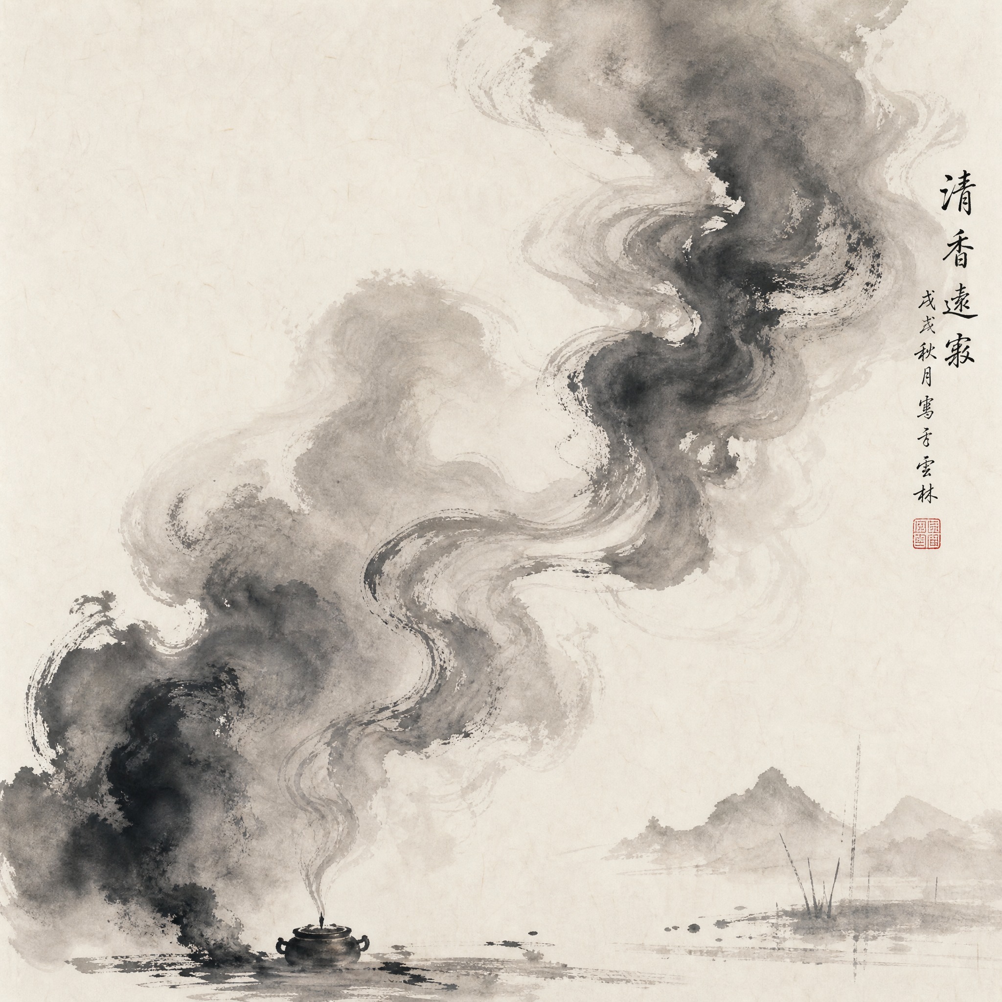 一幅传递气味的抽象水墨画，画面中墨色如烟似雾般氤氲散开，呈现出… - 图片创意预览