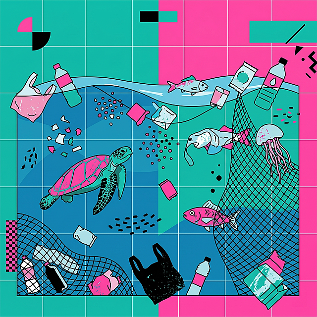 参考提供图片的扁平拼色插画风格，创作一幅海洋塑料污染主题的小插画，海洋中漂浮着塑料垃圾，海洋生物在被污染的海水中，色彩搭配参考原图撞色网格风格，平面设计感，现代插画