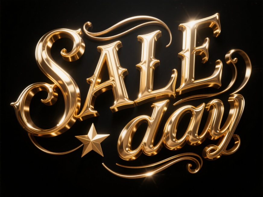 复古电影标题风格，“SALE day”文字采用 华丽哥特式花体字设计，金属金箔质感（高光泽、浮雕立体感，表面反射细微光影），穿插曲线装饰线条，点缀星形符号，背景黑色预览效果
