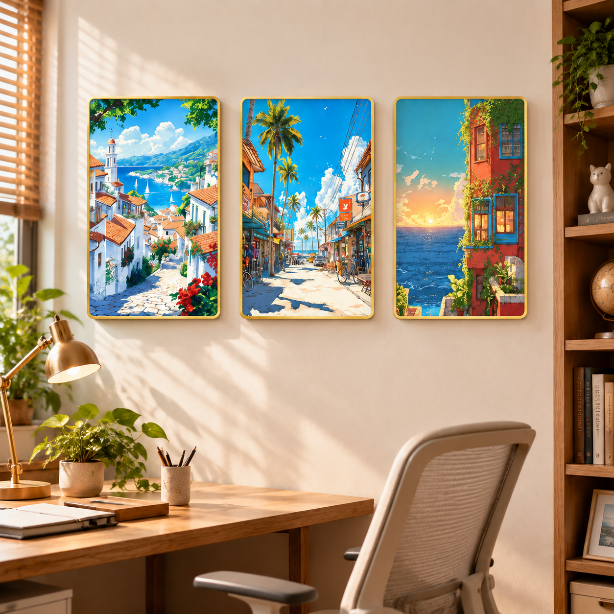 重新生成这张书房场景装饰画图，修正装饰画的角度：三幅装饰画必须… - 图片创意预览