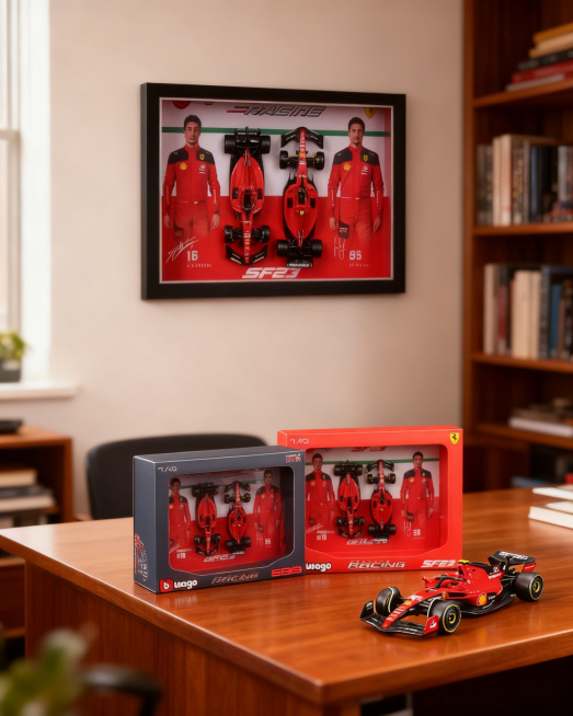 F1车模爱好者书房墙面挂着图中的F1相框,书桌上摆放着2款红色车模,包装盒单独放着,聚焦相框,背景模糊展现预览效果