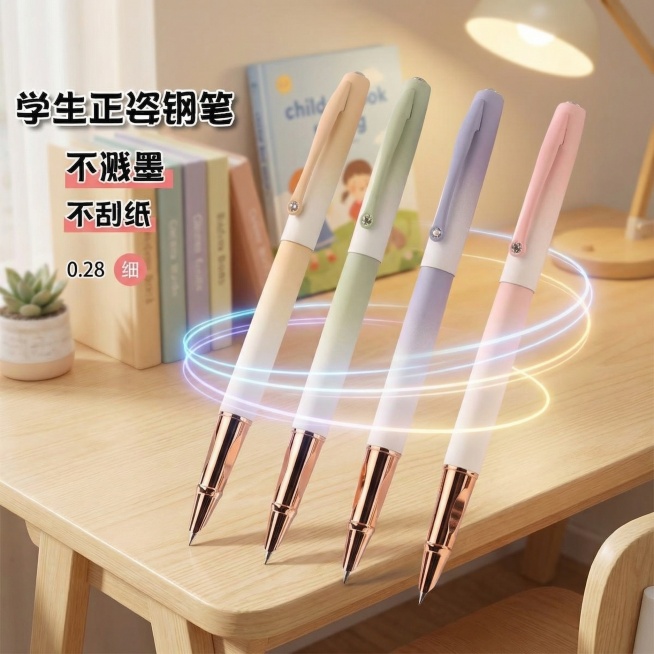 保留钢笔主体和原有文字不变，将背景替换为干净明亮的儿童书桌场景，搭配柔和的科技感发光线条与柔和莫兰迪色调，整体风格温馨舒适，适合小学生家长选购的氛围，突出钢笔的科技感与书写舒适感预览效果