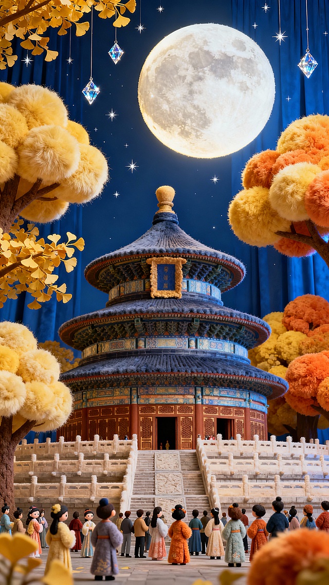 北京的天坛。被银杏树所包围着，夜晚天空，挂满了星星，15的月亮圆又圆，地下有很多围观的人群，身着汉服