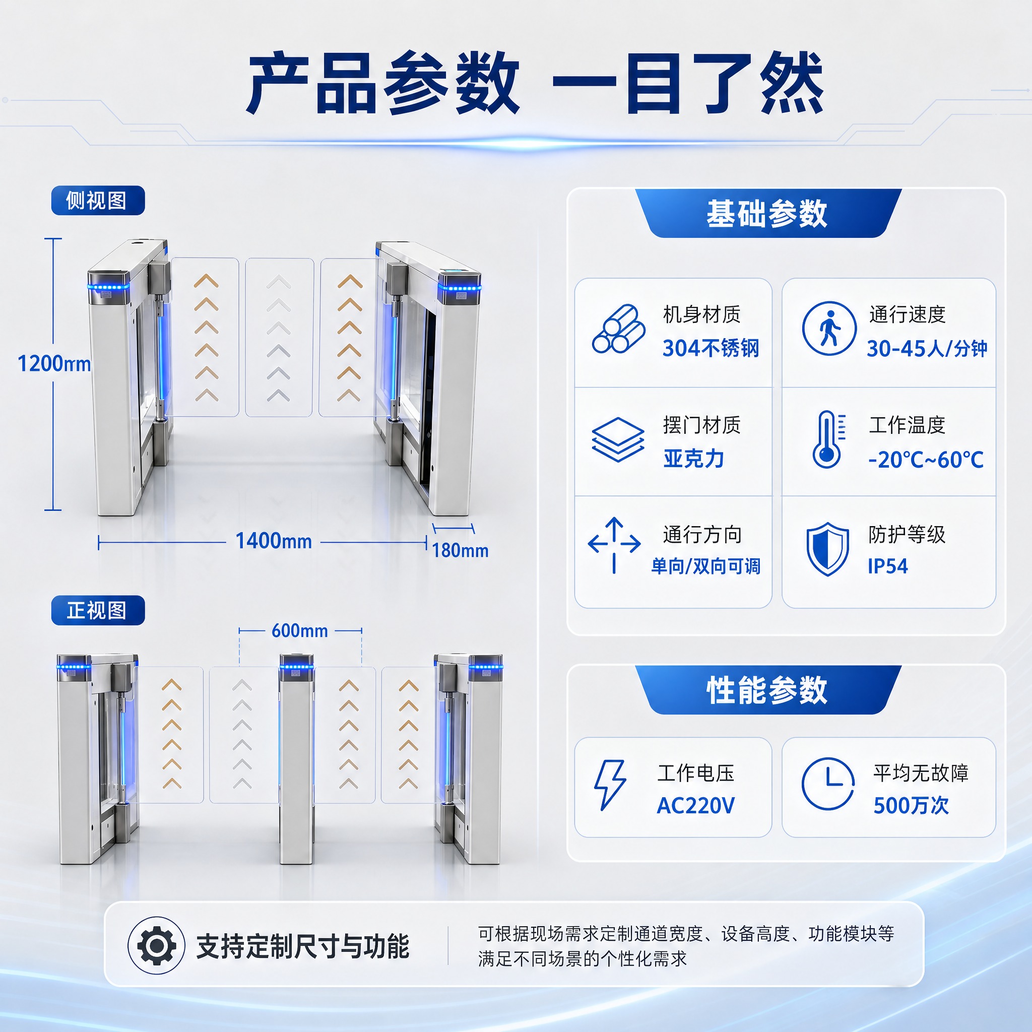 [主图-5] 规格参数与产品尺寸图，清晰展示摆闸的技术参数、尺… - 图片创意预览