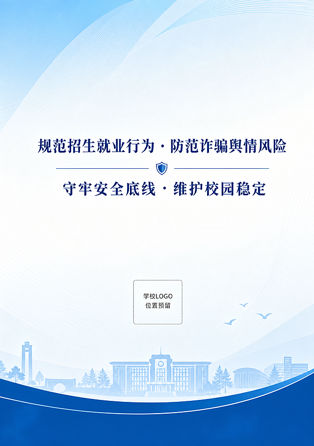 设计招生与就业舆情防控宣传手册封底，延续校园活力蓝白风格，深蓝色主标题，内容为：规范招生就业行为·防范诈骗舆情风险，守牢安全底线·维护校园稳定，页面底部加入学校logo位置预留和小的校园风景剪影，深蓝色底边装饰，整体简洁大方，呼应封面风格