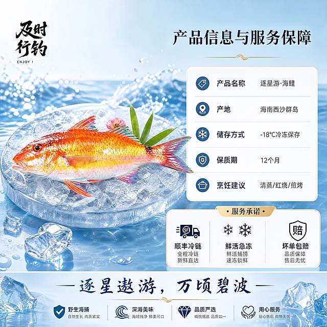 [商品] 使用【图1】野生海鲤；保留鱼身橙红黄渐变鳞片、彩色鱼鳍鱼尾、鱼须、整体形态结构和颜色；保留左上角"及时行钓"书法Logo；商品处理：增强鱼鳞光泽和鱼身新鲜度，作为规格页的产品展示。
[画面] 目标：规格服务页，产品规格+物流售后+品牌收尾，天猫风格专业可信。构图：左侧放整条海鲤置于冰盘上，占画面40%；右侧放规格参数和服务承诺卡片；底部放品牌slogan和物流/售后图标；背景为浅蓝渐变，点缀冰块、海浪元素；整体3层视觉层次，信息规整有保障感。
[视觉] 套系策略：风格=淘宝天猫品牌感生鲜美食摄影；标题字=优雅宋体+书法体组合；正文字=简洁无衬线黑体；主色=海洋蓝+橙金色；背景延展=基于海洋蓝做浅蓝渐变、冰面反光和细腻纹理；强调色=橙金色，仅用于小面积标签和高亮；标题色=深蓝黑；正文色=中深灰；组件=白色参数表格、细线分割、品质徽章、服务图标；光影=左前侧柔光，冰面有反光。
[文字] 右上主标题"产品信息与服务保障"，规格卡文字：「产品名称」逐星游·海鲤、「产地」海南西沙群岛、「储存方式」-18℃冷冻保存、「保质期」12个月、「烹饪建议」清蒸/红烧/煎烤，底部服务承诺：「顺丰冷链」「鲜活急冻」「坏单包赔」，品牌slogan："逐星遨游，万顷碧波"，全部横排，信息清晰有保障感。
[规格] 图片比例1:1正方形，4K，负向提示：避免变形、错字、文字过小、鱼身失真、花哨背景、二维码、绝对化用语。